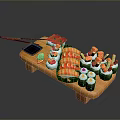 Sushi Platter With Various Rolls Salmon And Vegetables On Wooden Tray With Chopsticks