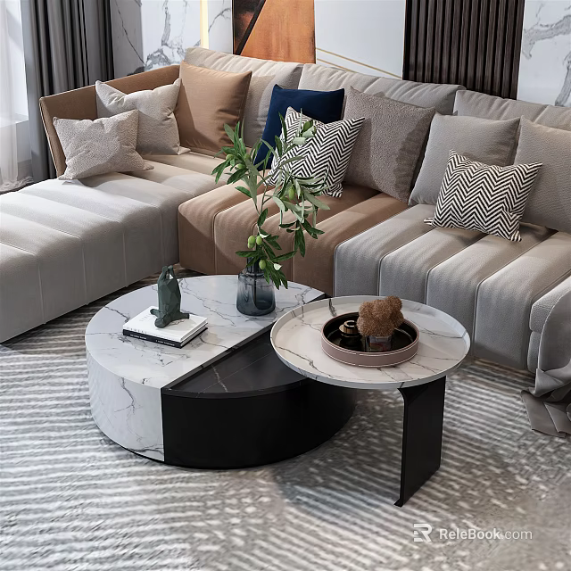 Modern Round Black And White Marble Coffee Table With Green Plant Book And Decorative Items 3d model 