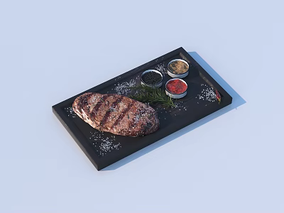 Grilled Steak On Black Plate With Fresh Herbs And Three Sauces Sprinkled With Salt 3d model
