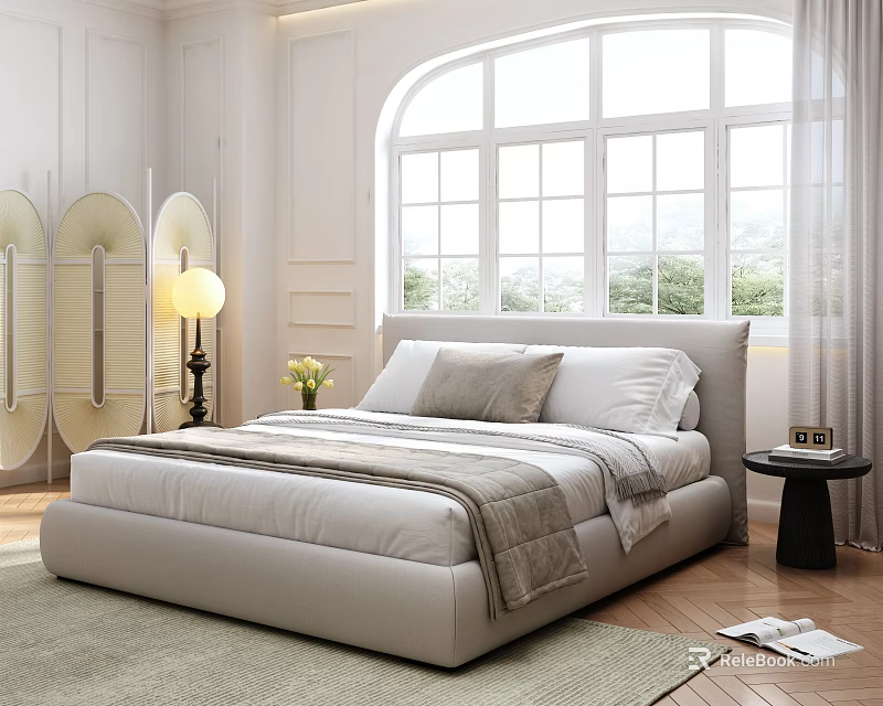 Double Bed In White Room With Arched Window Green Plants Wooden Floor And Rug 3d model 