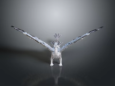 Silver Dragon Sculpture With Spread Wings Standing On Dark Surface And Detailed Decorative Design 3d model