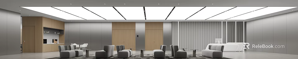 Modern Front Desk Reception Interior With Wooden Walls Gray Sofas And Ceiling Light Strips 3d model