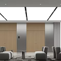 Modern Front Desk Reception Interior With Wooden Walls Gray Sofas And Ceiling Light Strips 3d model