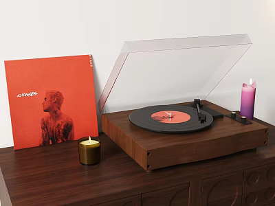 Modern Turntable Audio System With Red Vinyl Record On Wooden Base And Candles 3d model