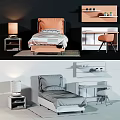 Modern Kids Bed With Upholstered Headboard Patterned Bedding Nightstand Lamp Desk And Chair