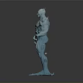 Blue Muscular Humanoid Figure Holding Trident With Root Like Feet