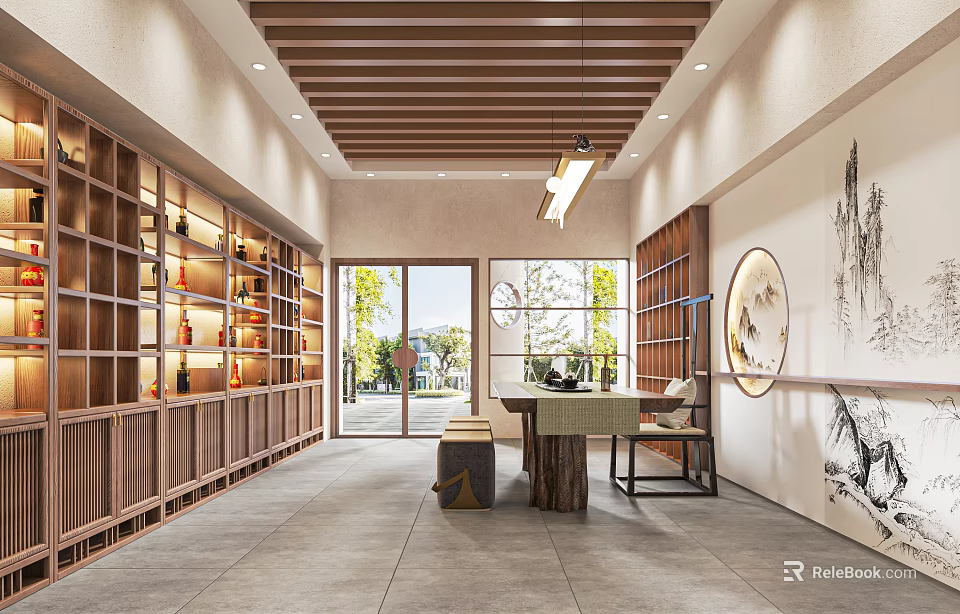 Traditional Wine and Tobacco Store Interior With Wooden Shelves Display Cabinets And Decorative Paintings 3d model 