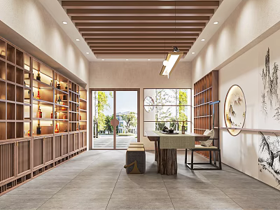 Traditional Wine and Tobacco Store Interior With Wooden Shelves Display Cabinets And Decorative Paintings 3d model