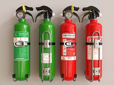Four Green and Red Fire Extinguishers as Essential Fire Safety Equipment 3d model