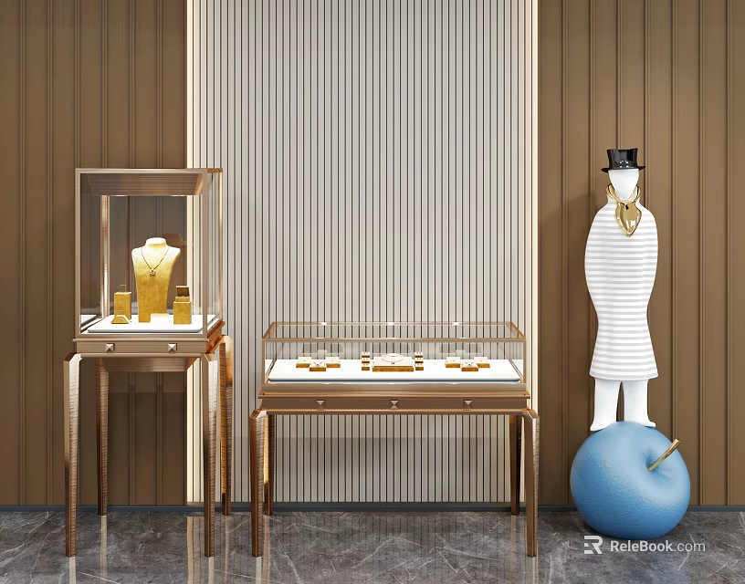 Elegant Display Shelves With Golden Frame Glass Cases For Jewelry In Wooden Wall Setting 3d model 