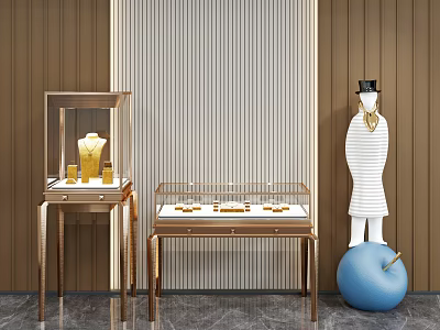 Elegant Display Shelves With Golden Frame Glass Cases For Jewelry In Wooden Wall Setting 3d model