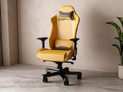 Yellow Gaming Chair with Ergonomic Design Leather Upholstery and Adjustable Components in Modern Room 3d model
