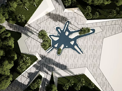 Park Landscape Design With Geometric Pavement Central Water Feature And Green Plants 3d model