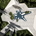 Park Landscape Design With Geometric Pavement Central Water Feature And Green Plants