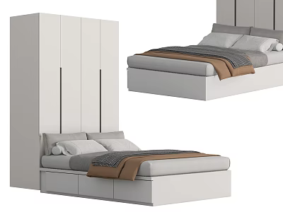 Modern Minimalist Bedroom Furniture With White Wardrobe Comfortable Bed And Pillows 3d model