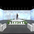 Modern Event Stage Setting With Speaker Blue Visual Front Trend Background And White Sofas 3d model
