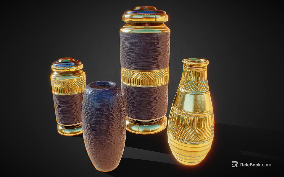 Decorative Ceramic Vessels With Gold Accents Textured Surfaces Lidded Tops And Various Shapes 3d model 