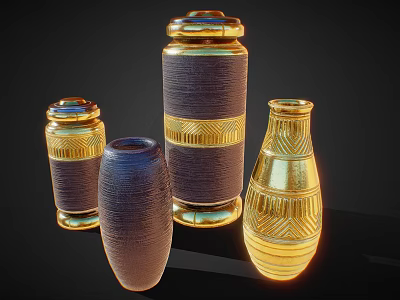Decorative Ceramic Vessels With Gold Accents Textured Surfaces Lidded Tops And Various Shapes 3d model