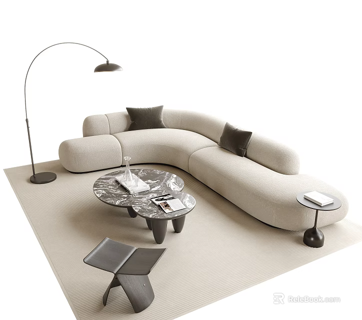 Modern Curved Beige Sofa and Round Patterned Coffee Table Set with Dark Pillows 3d model