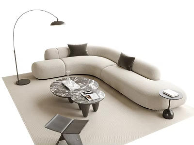 Modern Curved Beige Sofa and Round Patterned Coffee Table Set with Dark Pillows 3d model