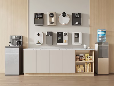 Modern Kitchen Interior With Multiple Coffee Machines Water Dispenser And Cabinets 3d model