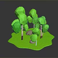 Low Poly Style Green Plants And Trees With Stone On Green Ground