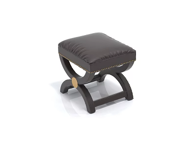 Black Leather Padded Stool With Wooden Frame And Curved Leg Studded Design 3d model