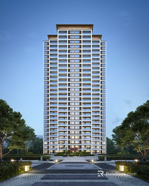 Modern High Rise Building Exterior With Surrounding Trees And Blue Sky 3d model 