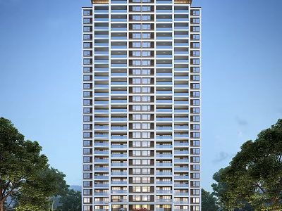 Modern High Rise Building Exterior With Surrounding Trees And Blue Sky 3d model