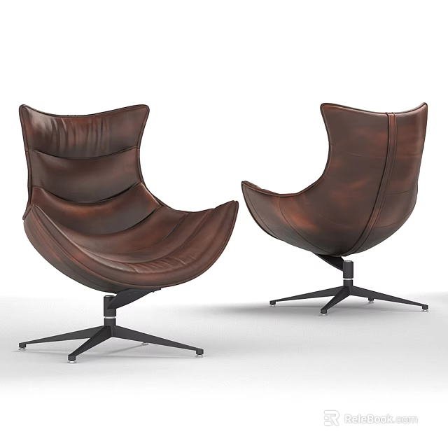Modern Brown Leather Accent Chairs With Curved Design And Black Metal Base 3d model 