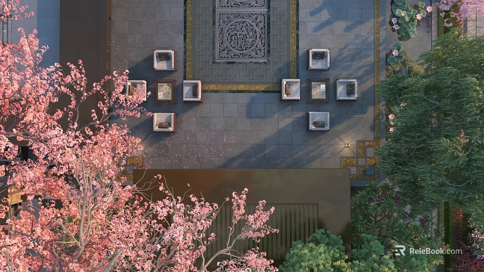 Elegant Outdoor Sofa Setup In Courtyard With Pink Cherry Blossom Trees And Patterned Floor Tiles 3d model 