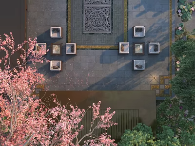 Elegant Outdoor Sofa Setup In Courtyard With Pink Cherry Blossom Trees And Patterned Floor Tiles 3d model