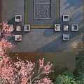 Elegant Outdoor Sofa Setup In Courtyard With Pink Cherry Blossom Trees And Patterned Floor Tiles