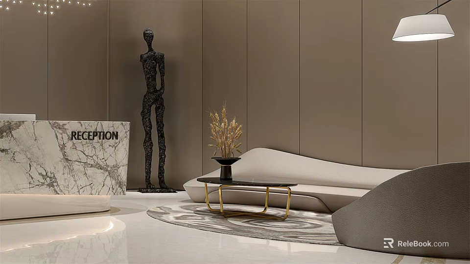 Modern Reception Desk With Marble Surface Black Sculpture Sofa Coffee Table And Decorative Plant 3d model 