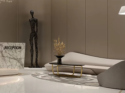 Modern Reception Desk With Marble Surface Black Sculpture Sofa Coffee Table And Decorative Plant 3d model