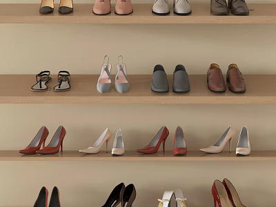 Various Styles of Shoes in Different Colors Arranged on Wooden Shelves 3d model