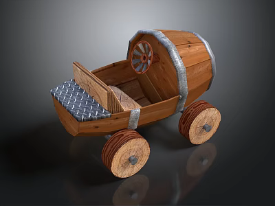 Vintage Wooden Toy Cart With Spoked Wheels Striped Body And Checkered Seat 3d model
