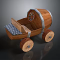Vintage Wooden Toy Cart With Spoked Wheels Striped Body And Checkered Seat