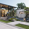 Modern Courtyard Garden Design With Pond Wooden Deck Green Plants Stone Pathway And Landscape Lighting