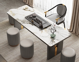 Modern Tea Table and Chair Combination Marble Tea Table Rock Board Tea Table Metal Chair Sofa Stool Tea Set Bookcase Kettle 3d model