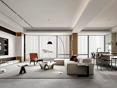 Modern Living and Dining Room Interior With Sofa Dining Table And Floor to Ceiling Windows 3d model