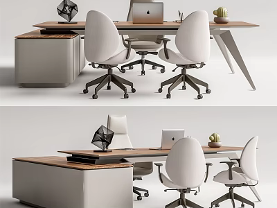 Modern Wooden Office Desk With Laptop Ergonomic Chairs Side Cabinet And Small Plant 3d model