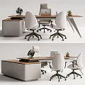 Modern Wooden Office Desk With Laptop Ergonomic Chairs Side Cabinet And Small Plant