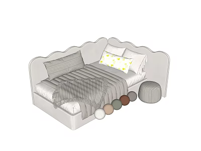 Cozy Sofa Bed Design With Striped Blanket Yellow Pillow Colorful Decorative Balls And Small Stool 3d model