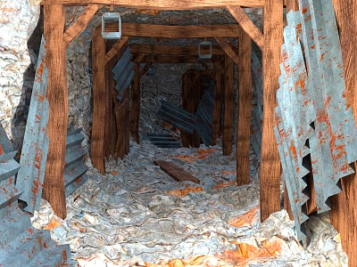 Abandoned Road Tunnel Featuring Wooden Support Frames Gravel Ground And Metal Walls 3d model