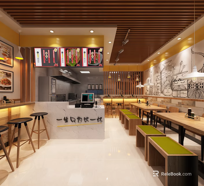Modern Mall Restaurant With Wooden Decor Hand Painted Wall And Casual Seating Area 3d model 