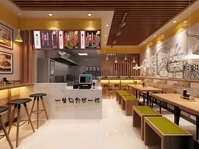 Modern Mall Restaurant With Wooden Decor Hand Painted Wall And Casual Seating Area 3d model