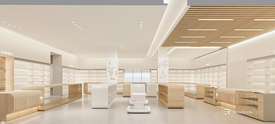 Modern Retail Store Interior Design With White Wooden Shelves Display Cabinets And Central Platform 3d model
