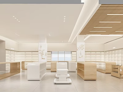 Modern Retail Store Interior Design With White Wooden Shelves Display Cabinets And Central Platform 3d model