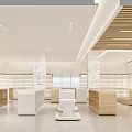 Modern Retail Store Interior Design With White Wooden Shelves Display Cabinets And Central Platform 3d model